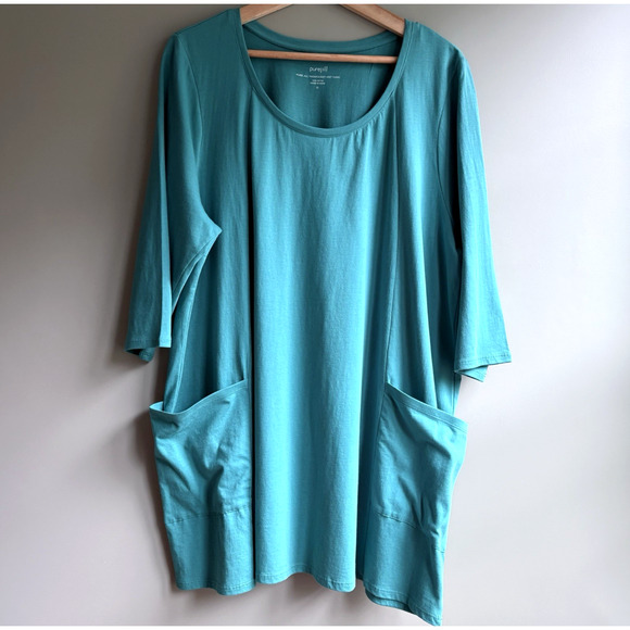 J Jill PURE JILL Two Pocket Knit Tunic Top XL 100% Cotton 3/4 Sleeves Teal Blue - Picture 1 of 9